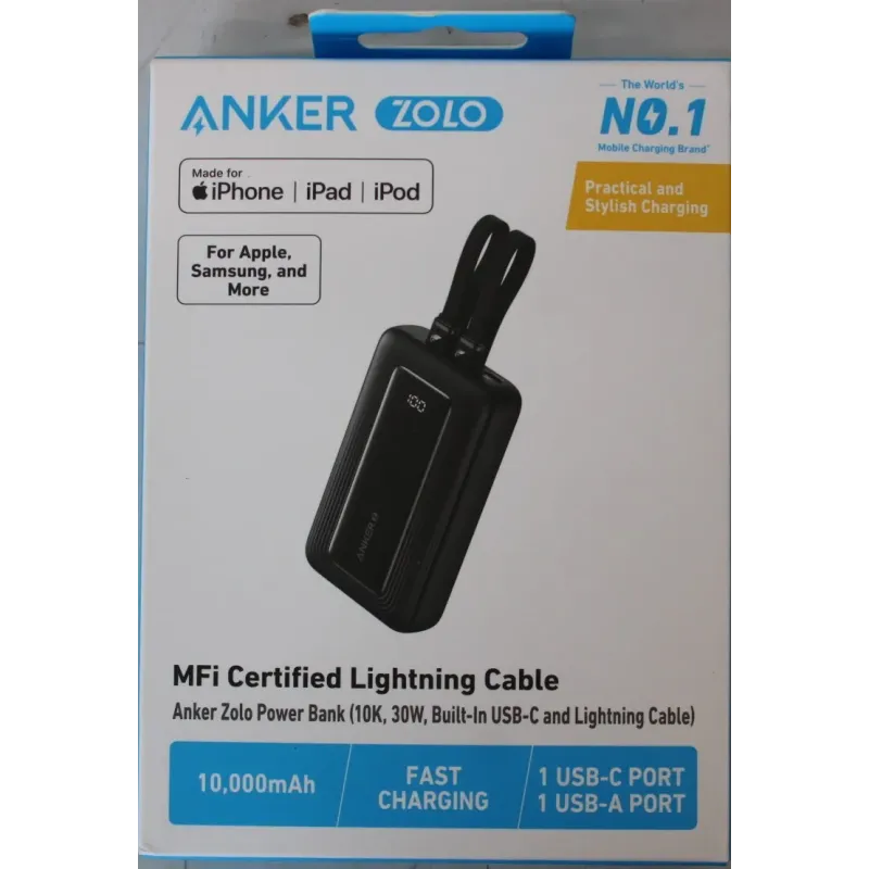 SALE OUT. Anker Power Bank A1680G11 10000 mAh USB-C 30W, Lightning 27W Built-In USB-C and Lightning Cables |