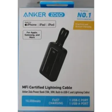SALE OUT. Anker Power Bank A1680G11 10000 mAh USB-C 30W, Lightning 27W Built-In USB-C and Lightning Cables |