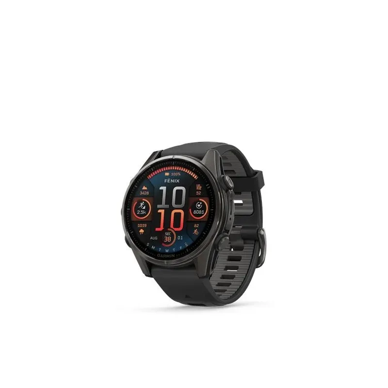Garmin fenix 8 AMOLED Sapphire kell, 43 mm, süsiniku hall DLC titaan, musta/pebble halli silikoonrihmaga