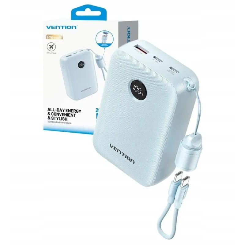 Powerbank Vention 20000mAh 2 x USB-C 1x USB-A z wyświetlaczem 22,5W niebieski